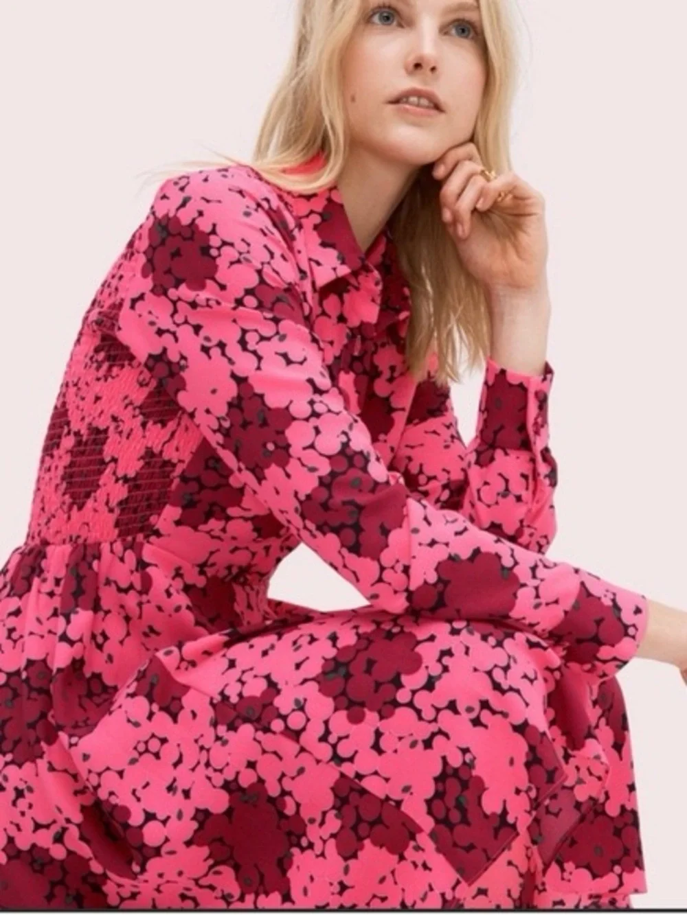 kate spade Pink and Burgundy Floral Long-Sleeve Fit-and-Flare Dress